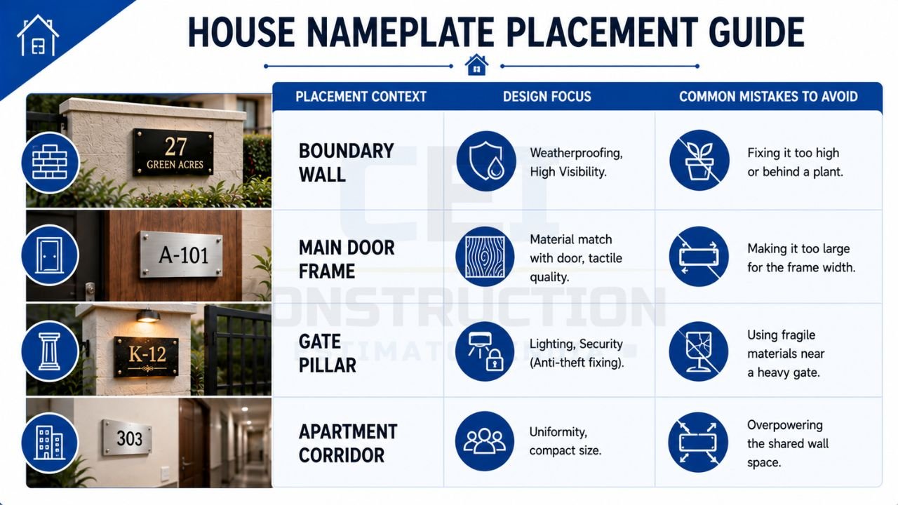 House nameplate placement guide showing nameplate installation ideas for boundary walls, main door frames, gate pillars, and apartment entrances