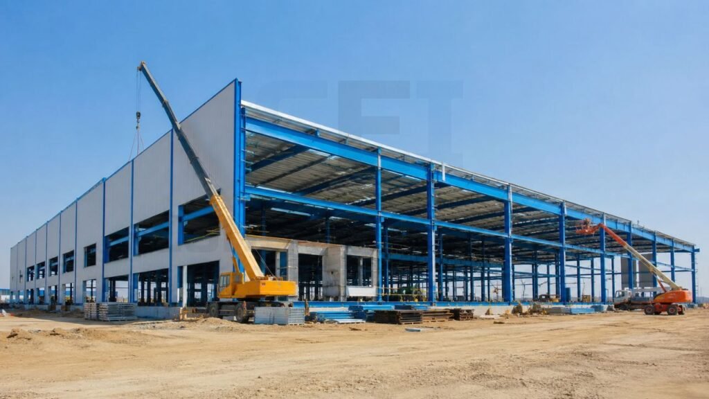 Large pre-engineered warehouse under construction in India with steel framework, cranes, and industrial construction equipment.
