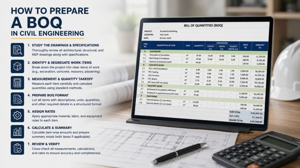 Step-by-step guide explaining how to prepare a Bill of Quantities (BOQ) in civil engineering, including drawing review, quantity takeoff, BOQ format preparation, rate analysis, and final verification.