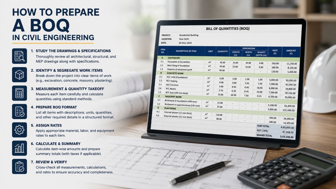 Step-by-step guide explaining how to prepare a Bill of Quantities (BOQ) in civil engineering, including drawing review, quantity takeoff, BOQ format preparation, rate analysis, and final verification.