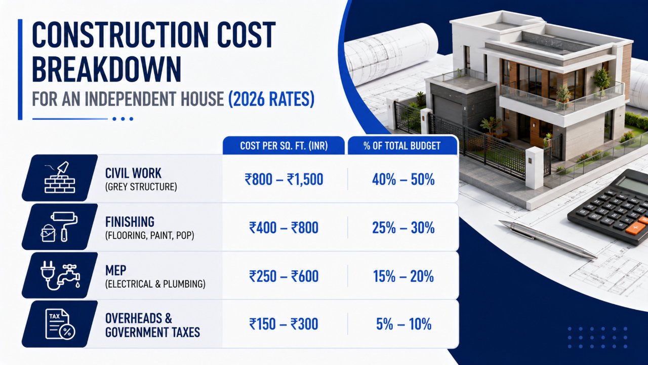 Infographic showing the 2026 construction cost breakdown for an independent house, including civil work, finishing, MEP services, and government charges.
