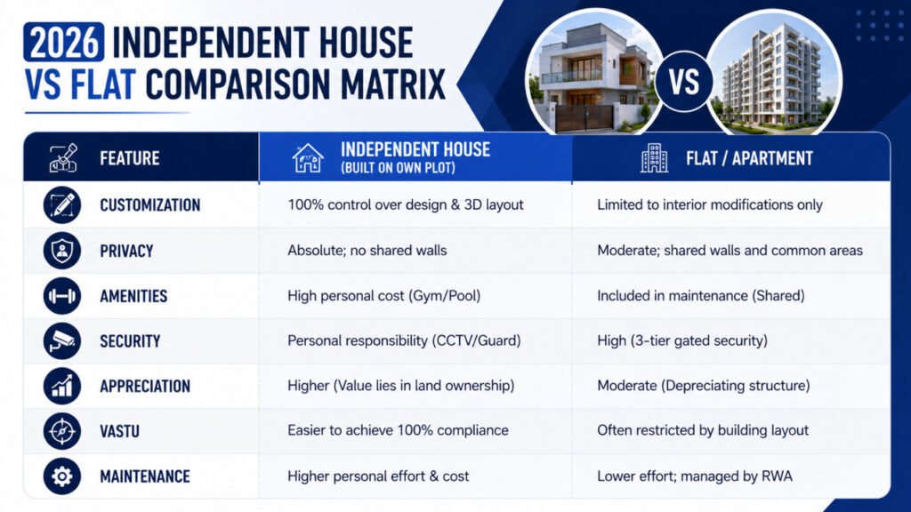 Comparison infographic highlighting differences between independent houses and flats in terms of customization, privacy, amenities, security, maintenance, and investment value.