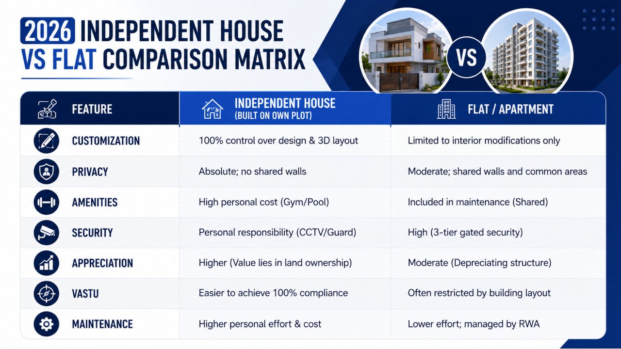 Infographic comparing the lifestyle benefits of living in an apartment versus an independent house, including security, privacy, amenities, and outdoor space.