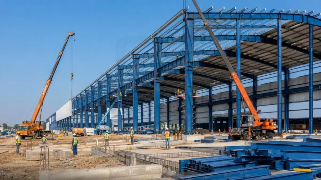 Large industrial steel shed under construction in India with cranes, structural steel columns, roof framing, and workers assembling a pre-engineered industrial building.