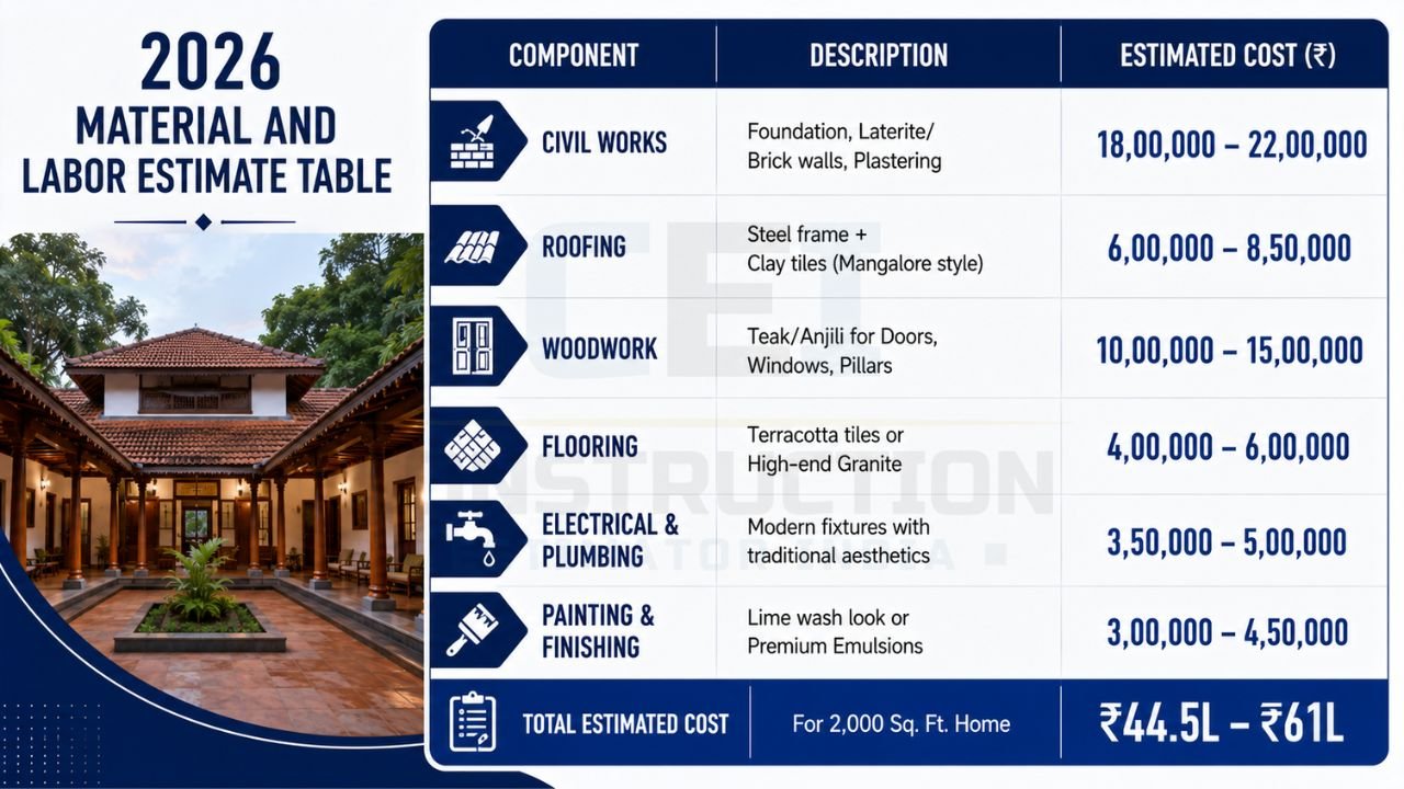 Infographic showing the material and labor cost estimate for a 2,000 sq. ft. Kerala-style courtyard house, including civil work, roofing, woodwork, flooring, plumbing, and finishing.