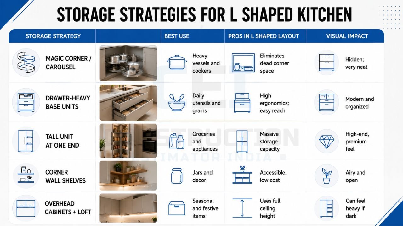 L-shaped kitchen storage solutions with magic corner, drawer base units, tall pantry, corner shelves, and overhead cabinets for maximum space