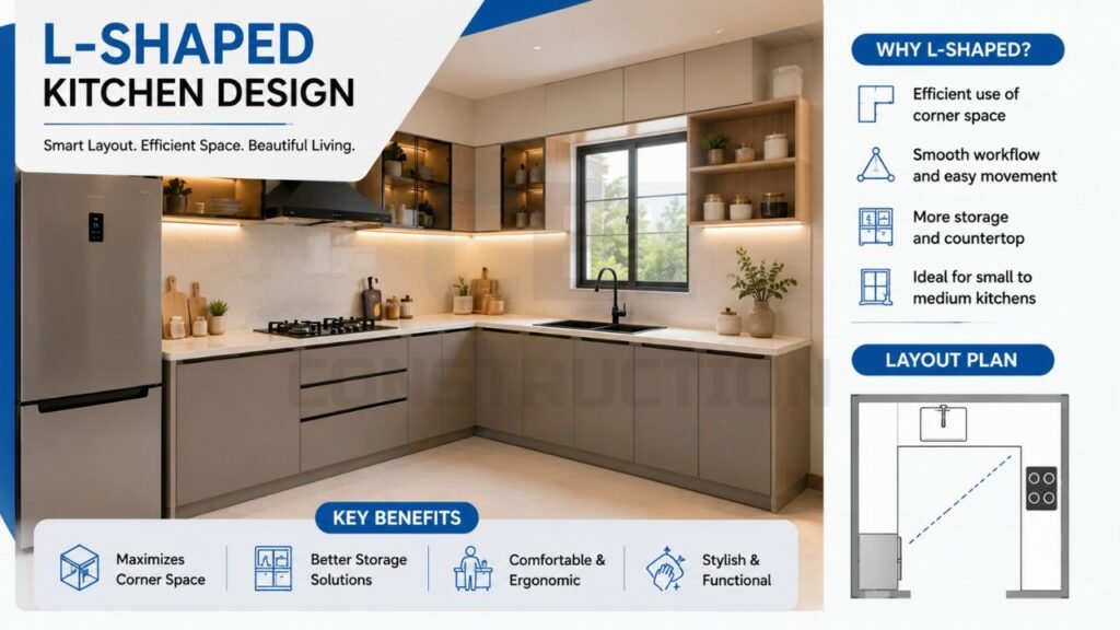 L-shaped modular kitchen design with space-saving corner layout, smart storage, modern cabinets, efficient workflow, and stylish interiors for Indian homes