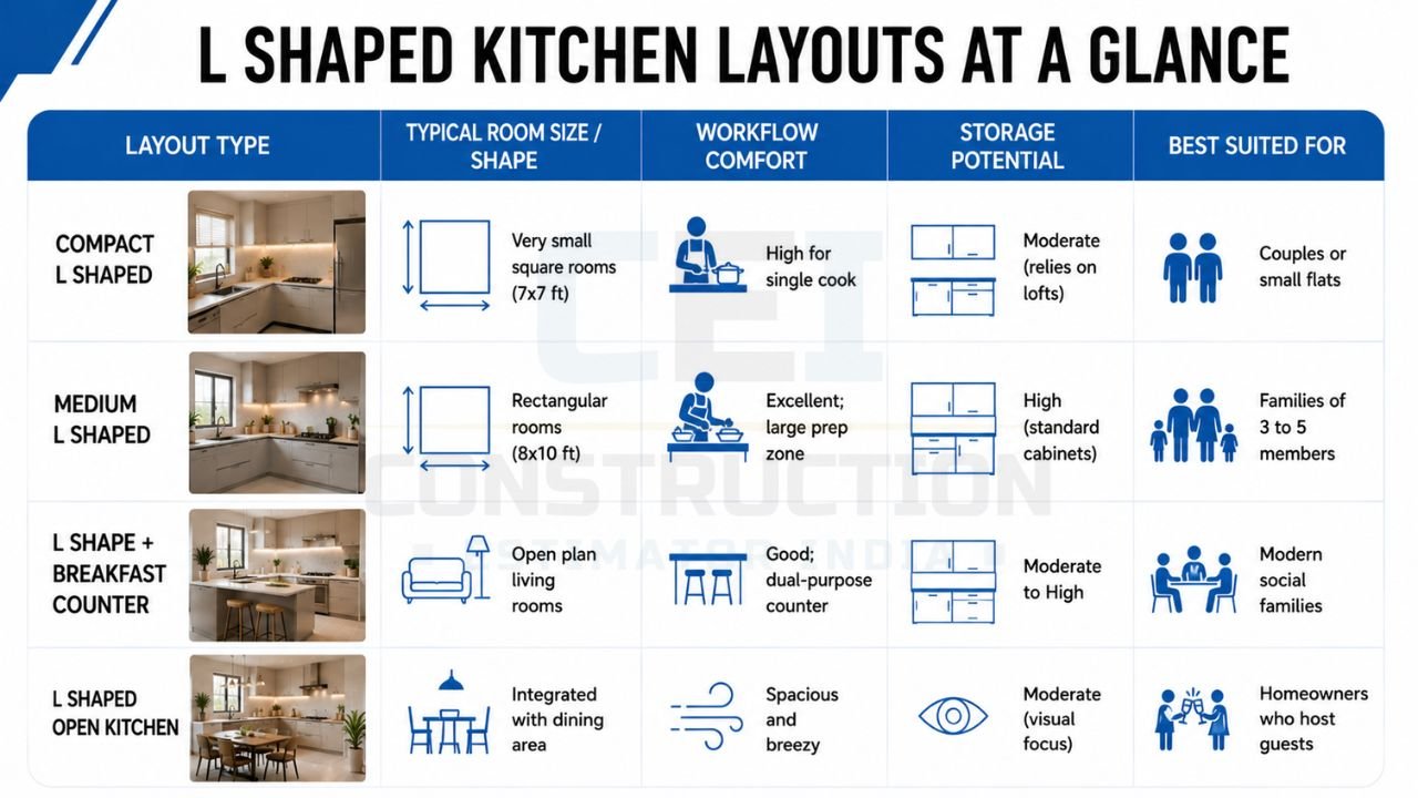 L-shaped kitchen layout comparison showing compact, medium, breakfast counter, and open kitchen designs with storage, workflow, and space planning