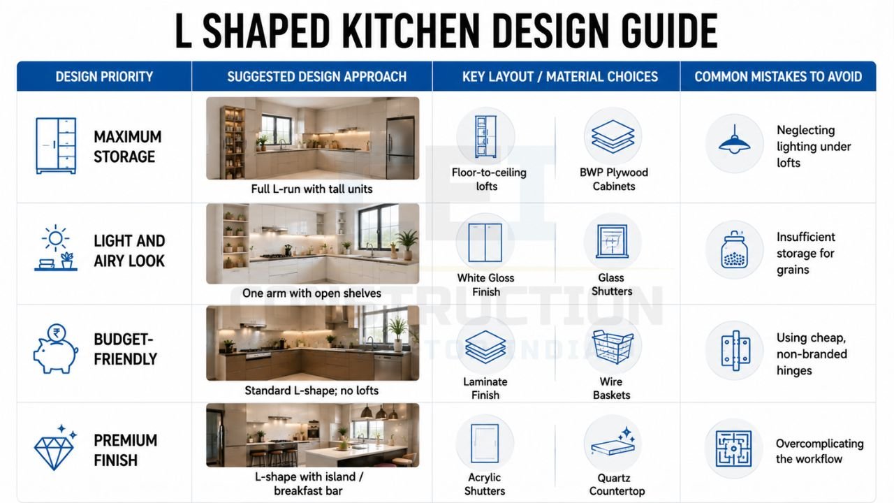 L-shaped kitchen design guide with storage ideas, budget-friendly layouts, premium finishes, material selection, and space-saving solutions for Indian homes