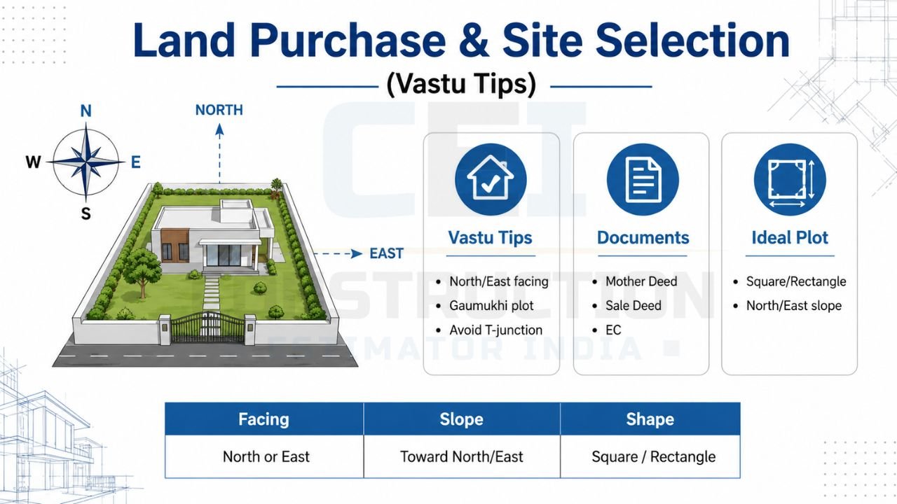 Infographic showing land purchase and site selection Vastu tips, ideal plot direction, plot shape, slope, and essential property documents for buying land in India.