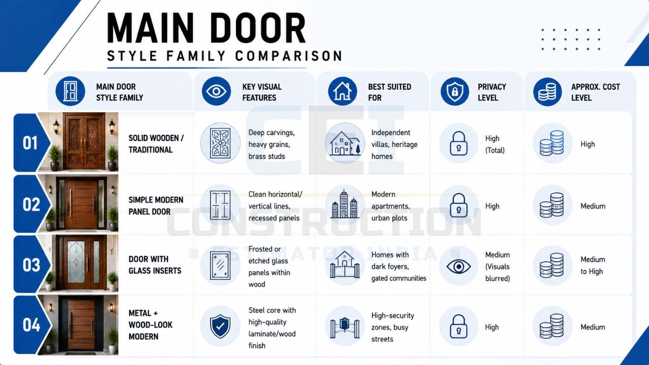 Main door style comparison showing traditional wooden, modern panel, glass insert, and metal wood-look entrance doors for Indian homes