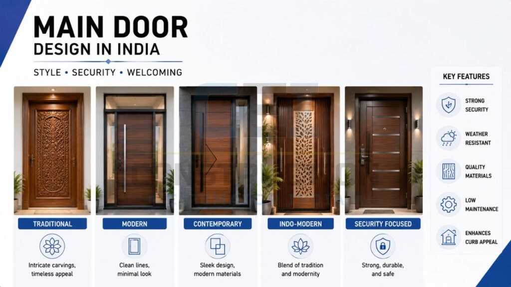 Main door design in India featuring traditional, modern, contemporary, Indo-modern, and security-focused entrance door styles for stylish and secure homes