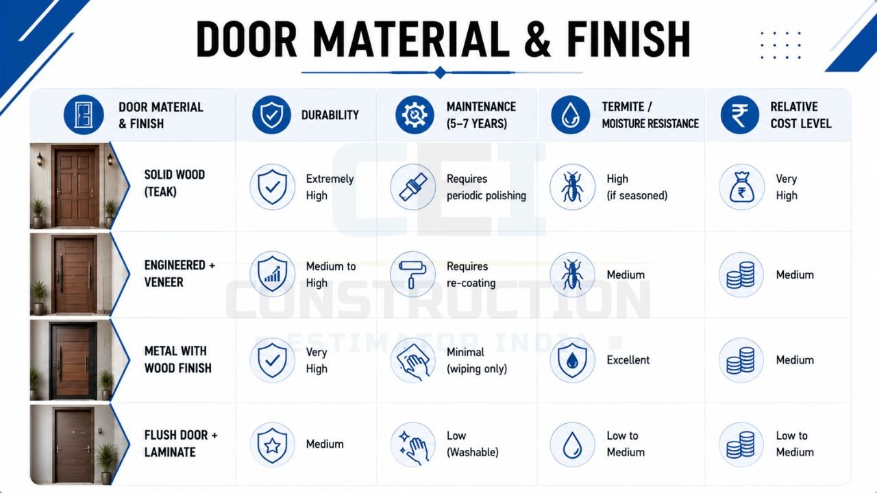 Main door material comparison showing solid wood, engineered veneer, metal with wood finish, and flush laminate doors for durability, maintenance, and cost