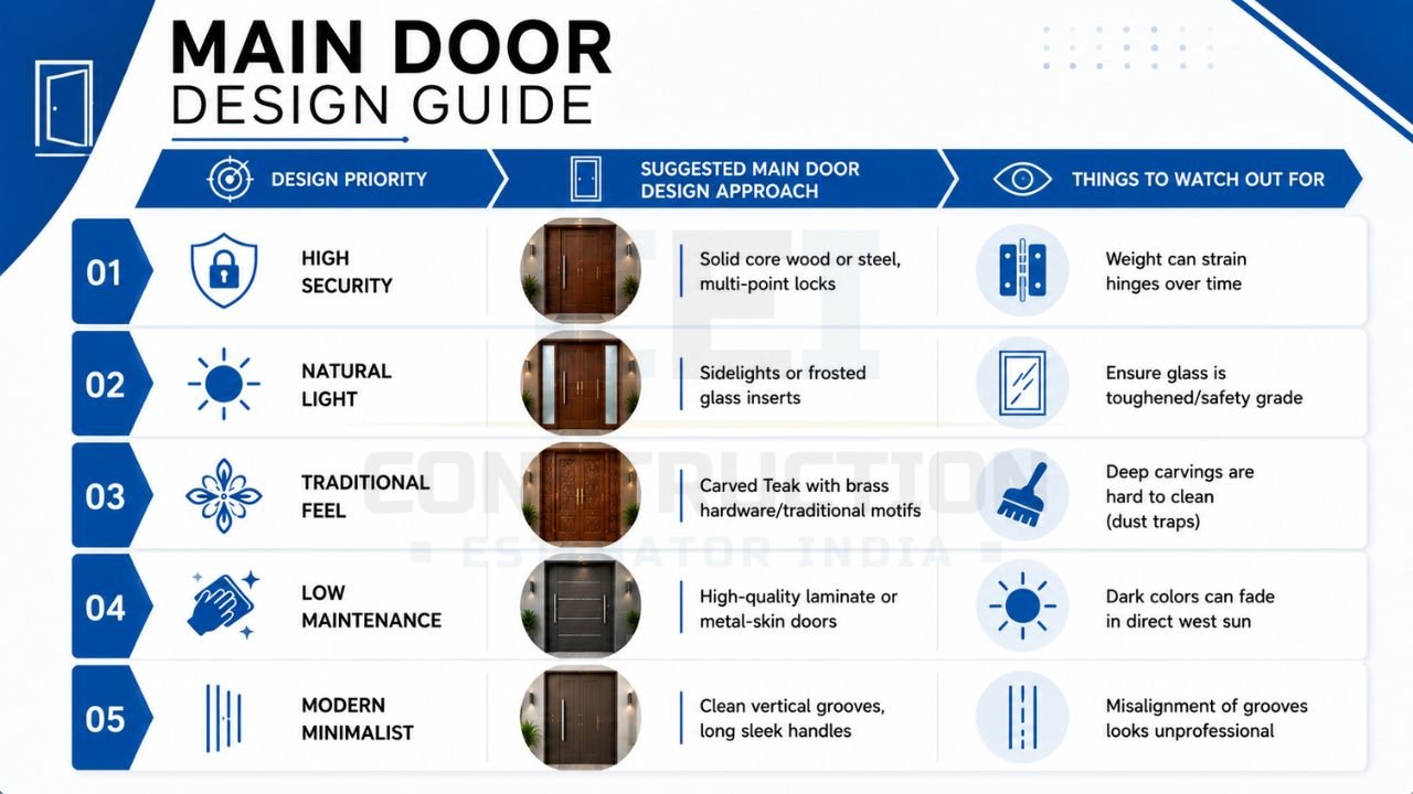 Main door design guide showing the best entrance door options for security, natural light, traditional style, low maintenance, and modern minimalist homes