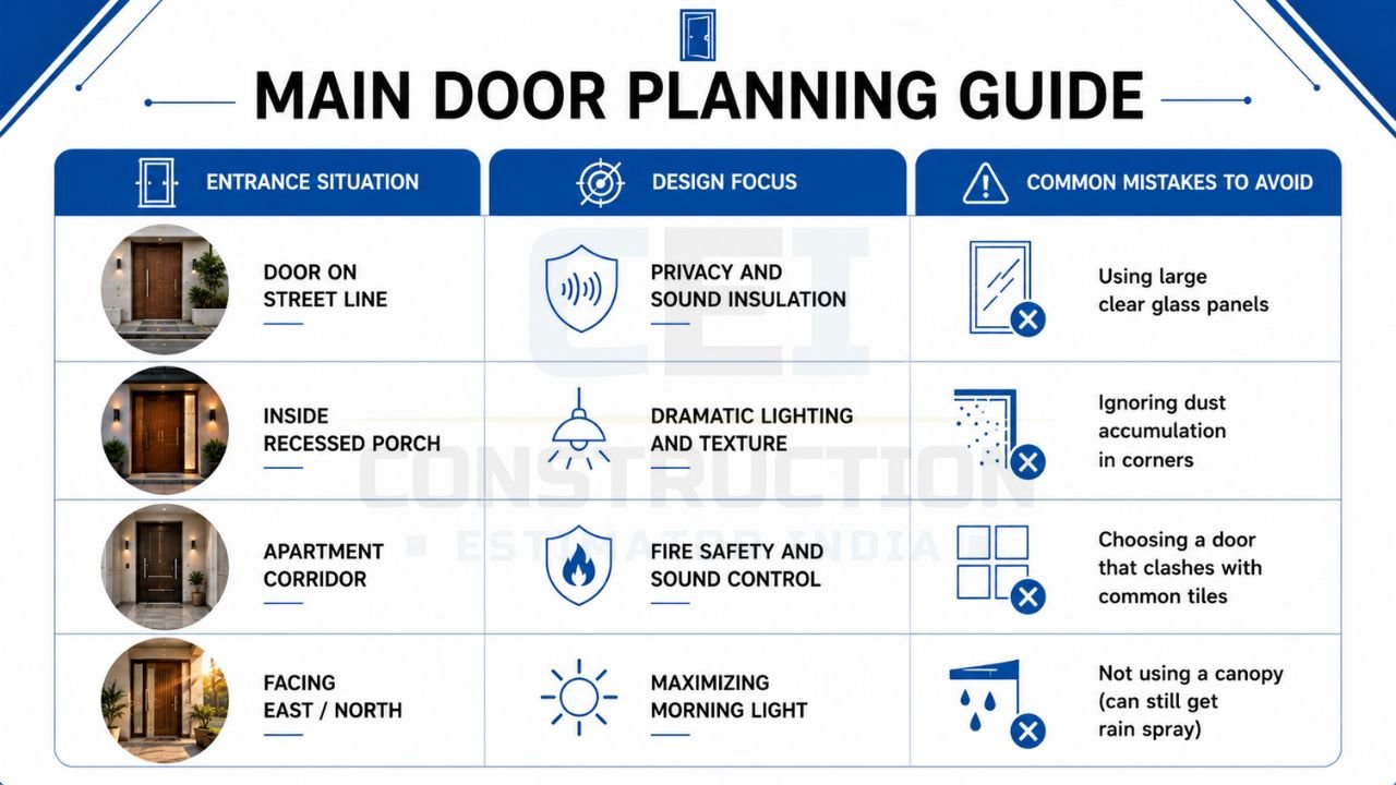 Main door planning guide showing entrance door design ideas for street-facing homes, recessed porches, apartment entrances, and east or north-facing houses