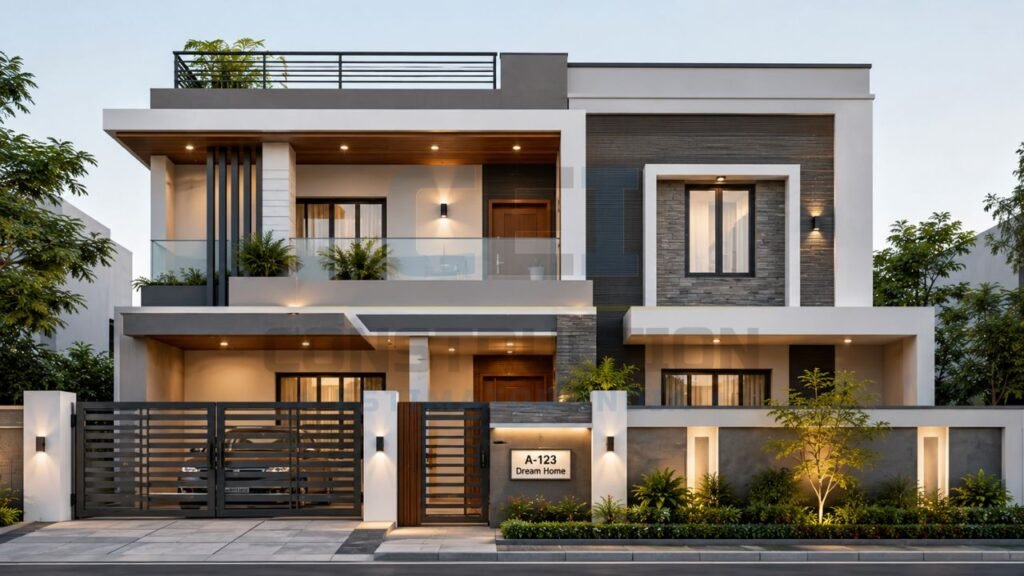 Modern double-storey house front elevation with minimalist design, glass balcony, stone cladding, wooden accents, and covered parking
