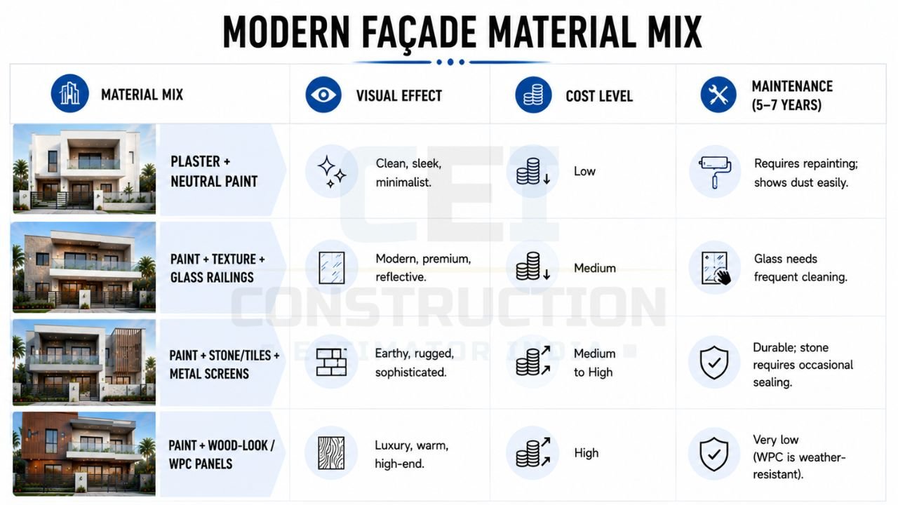 Modern facade material mix comparing plaster, paint, texture, stone, glass, and WPC panels for contemporary house exteriors