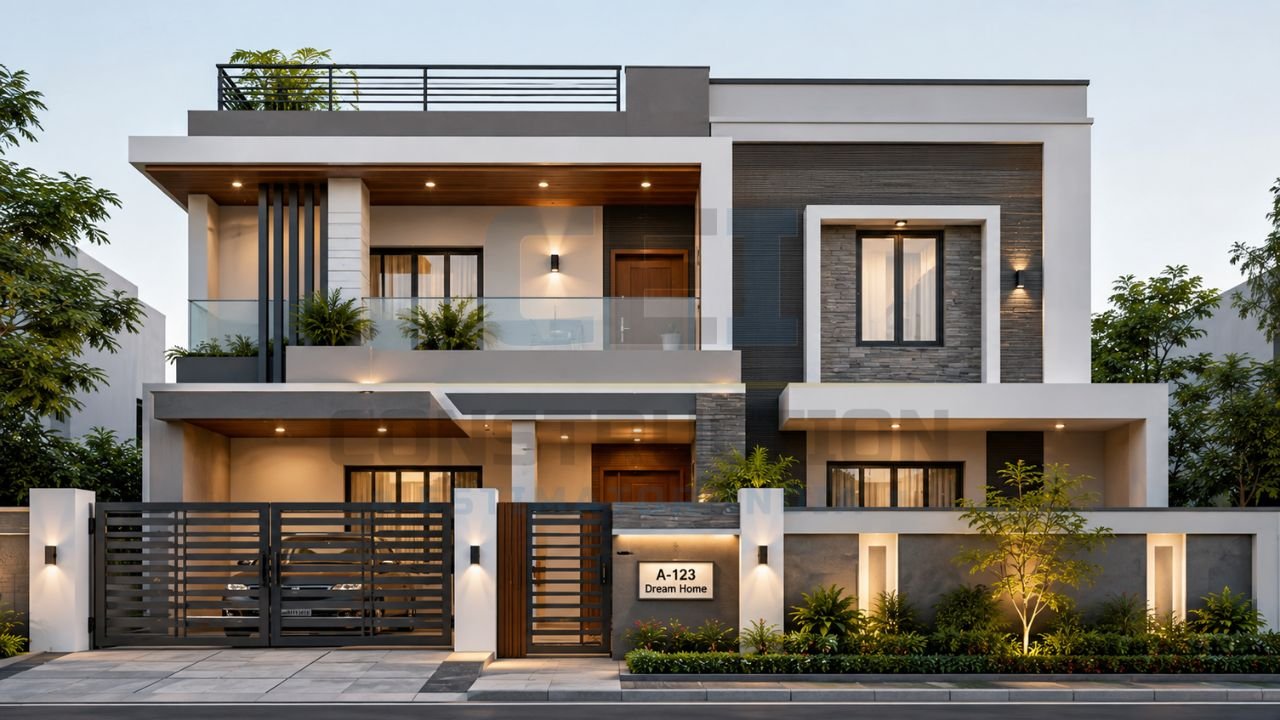 Modern double-storey house front elevation with minimalist design, glass balcony, stone cladding, wooden accents, and covered parking