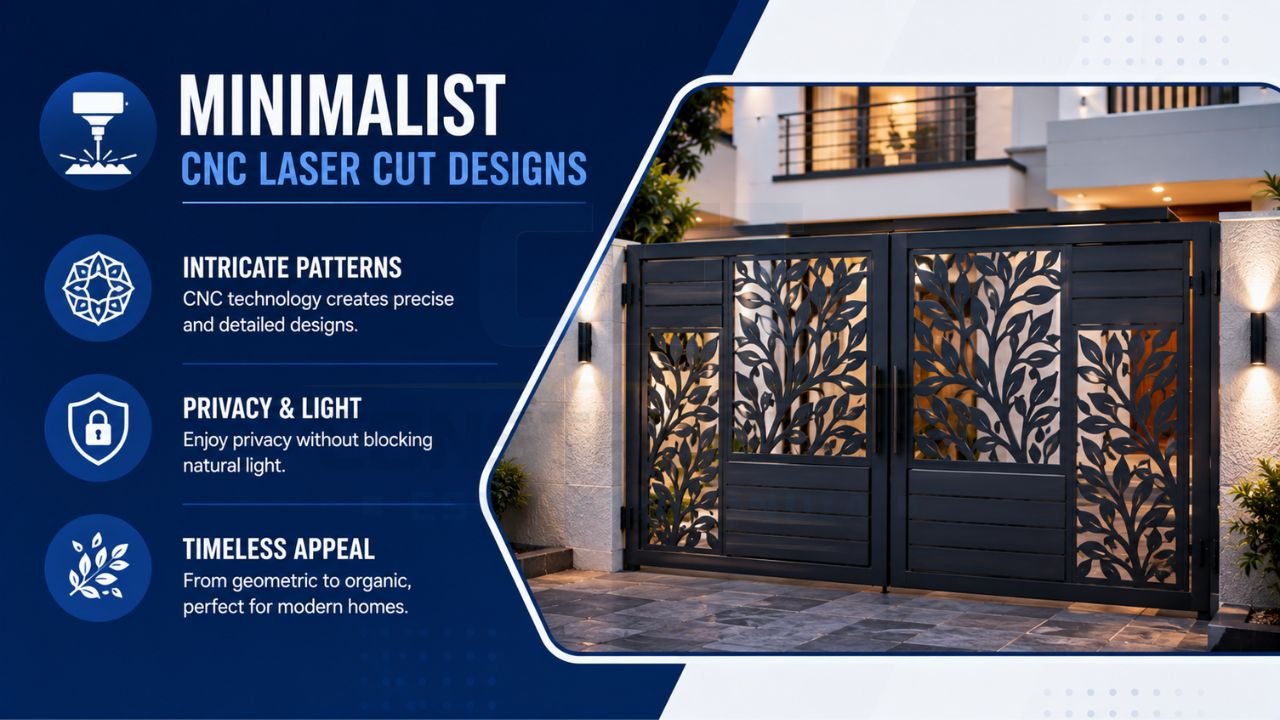 Modern CNC laser-cut steel gate featuring decorative leaf patterns, minimalist styling, privacy features, and premium entrance design.