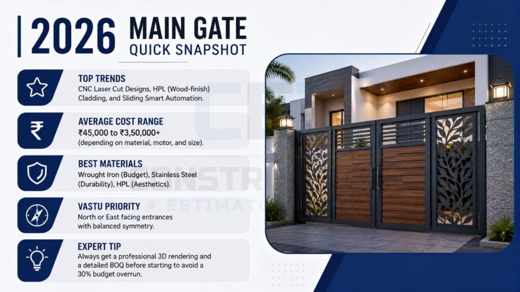 Quick guide highlighting modern main gate trends, average installation costs, best materials, Vastu tips, and expert recommendations for 2026.