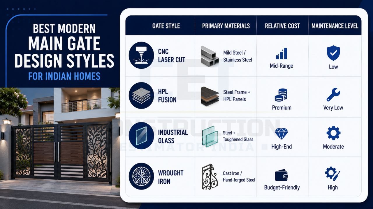 Comparison chart of modern main gate styles including CNC laser cut, HPL fusion, industrial glass, and wrought iron with cost and maintenance details.