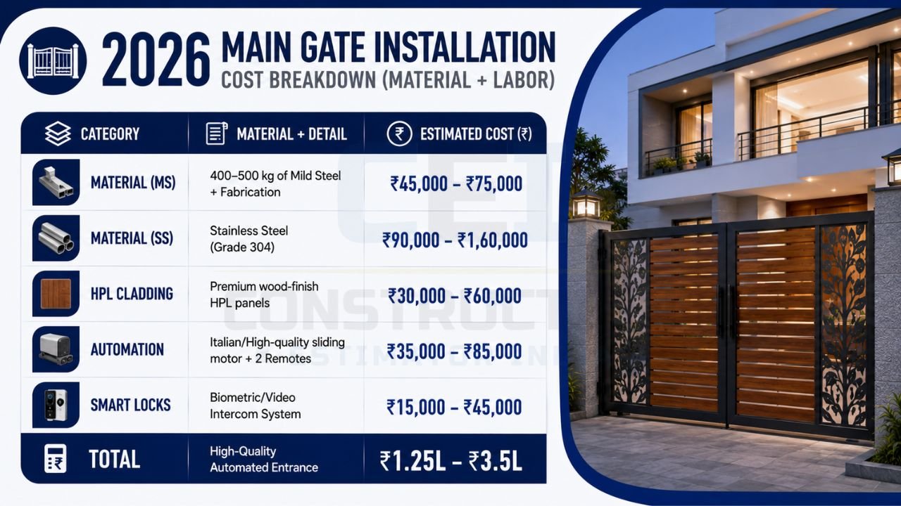 Cost breakdown infographic showing mild steel, stainless steel, HPL cladding, automation, smart locks, and total installation costs for modern main gates.