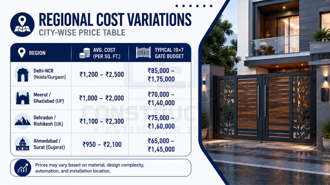 Infographic comparing city-wise modern main gate installation costs across Delhi-NCR, Meerut, Dehradun, Ahmedabad, and other Indian cities.