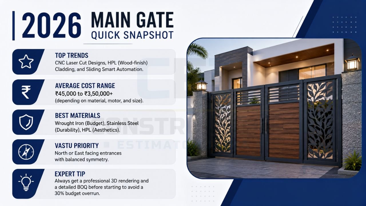 Quick guide highlighting modern main gate trends, average installation costs, best materials, Vastu tips, and expert recommendations for 2026.