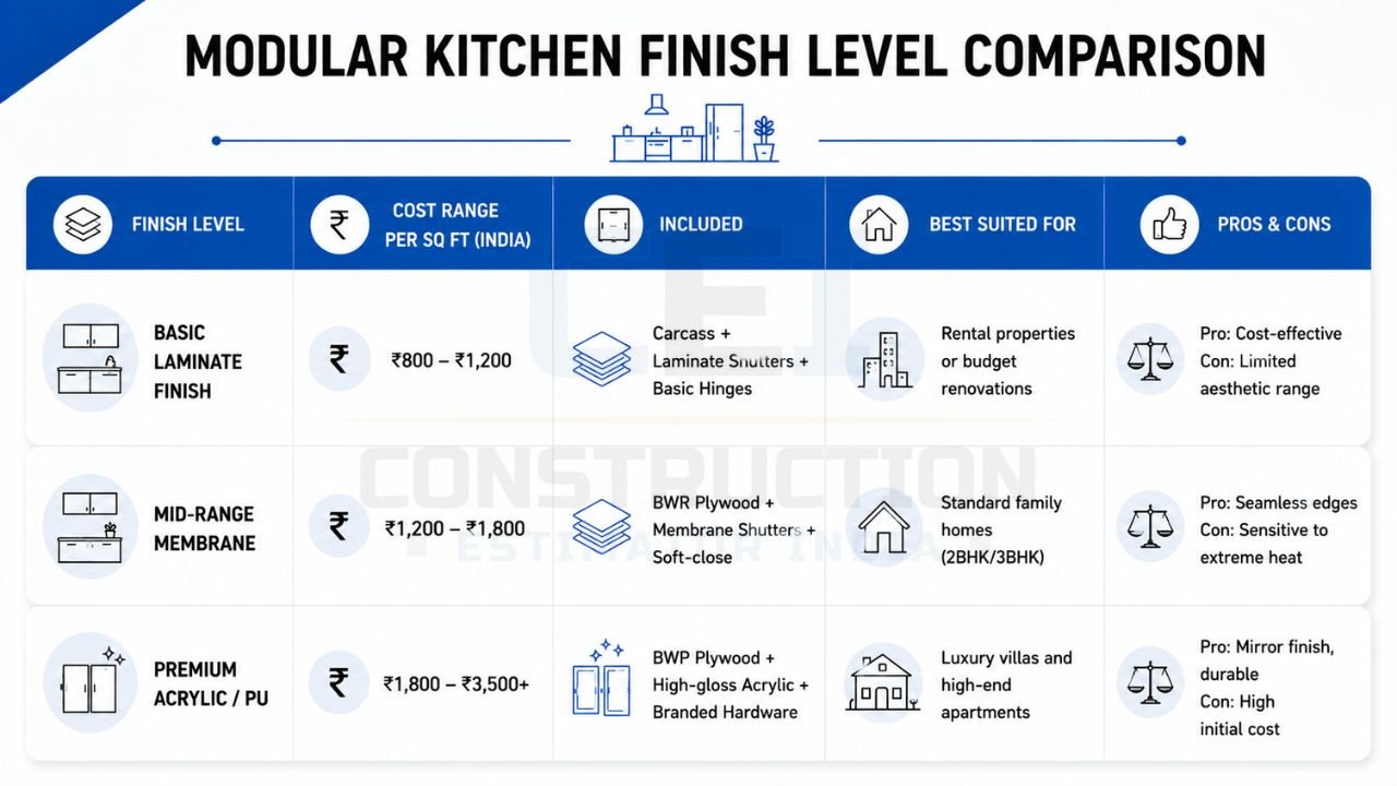 Modular kitchen finish level comparison showing basic laminate, mid-range membrane, and premium acrylic or PU finishes with cost, features, and suitability