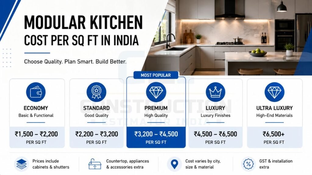 Modular kitchen cost per sq ft in India showing economy, standard, premium, luxury, and ultra luxury kitchen price ranges