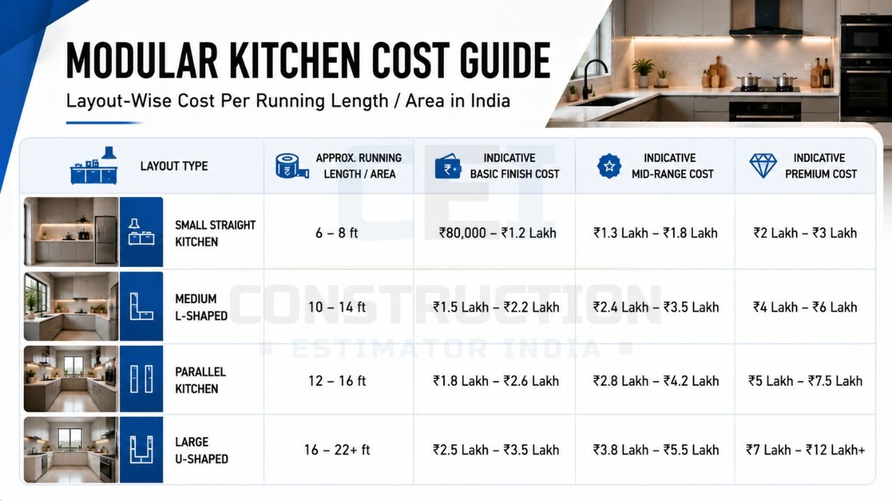 Modular kitchen cost guide comparing straight, L-shaped, parallel, and U-shaped kitchen layouts with estimated basic, mid-range, and premium costs in India
