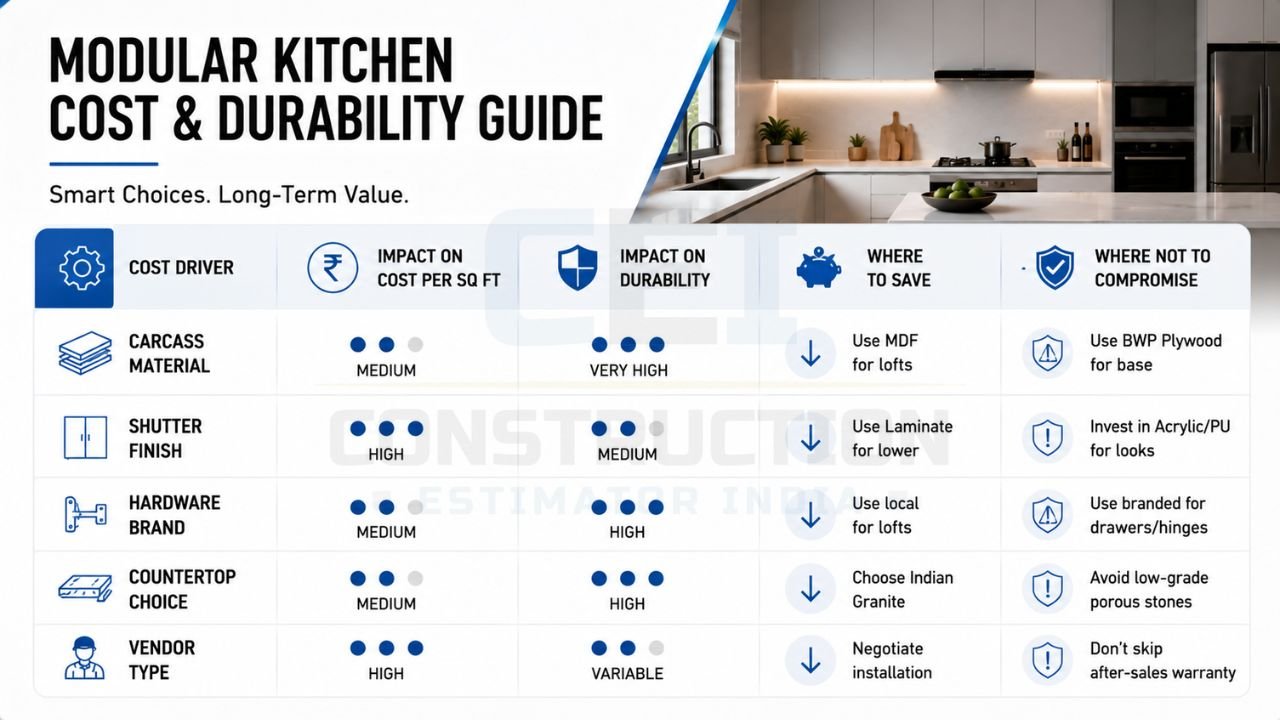 Modular kitchen cost and durability guide comparing carcass material, shutter finish, hardware, countertop, and vendor choices with cost impact and long-term value