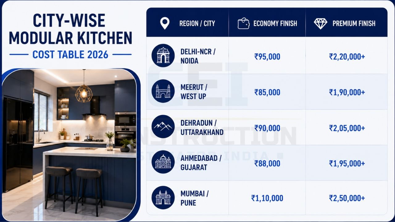 Infographic comparing modular kitchen installation costs across Delhi-NCR, Meerut, Dehradun, Ahmedabad, and Mumbai for economy and premium finishes.