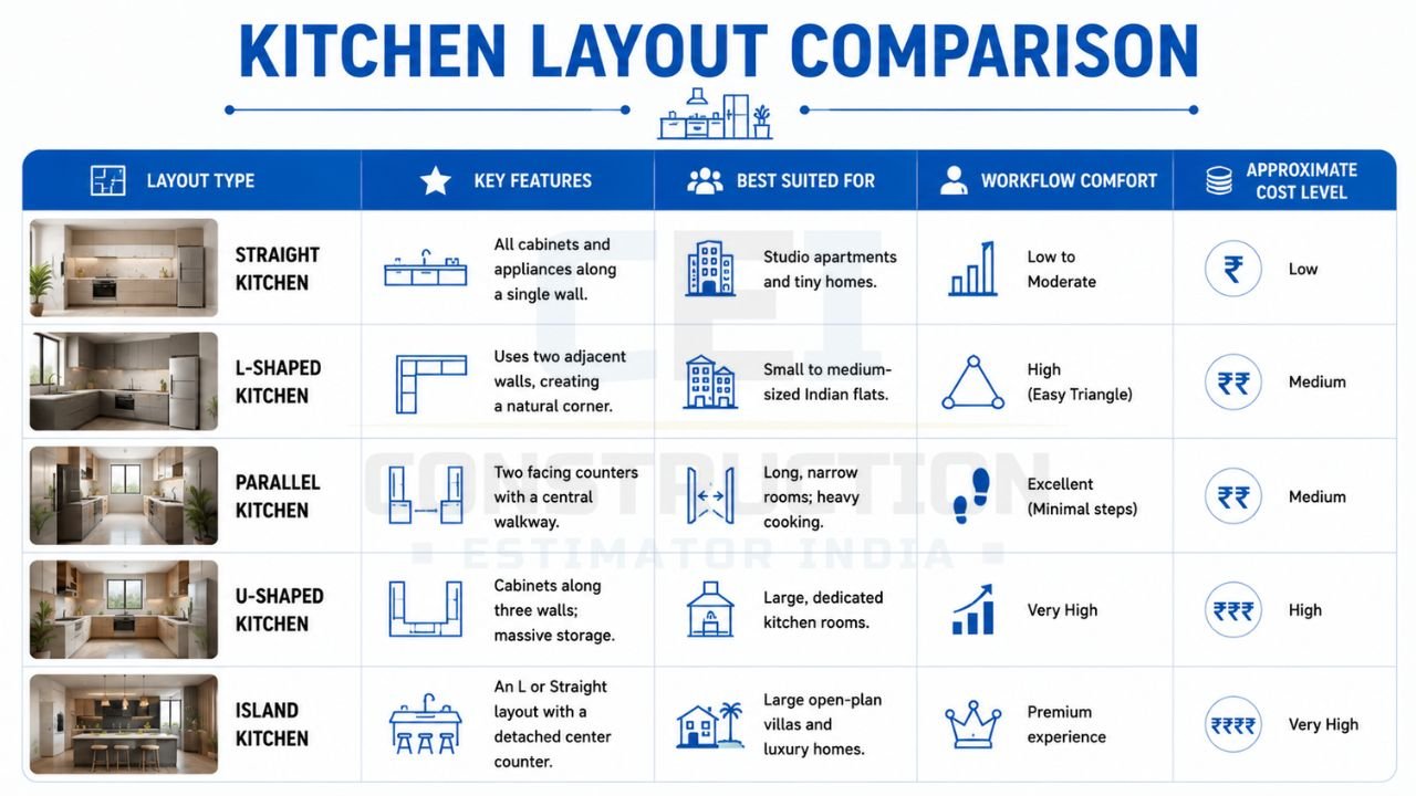 Kitchen layout comparison showing straight, L-shaped, parallel, U-shaped, and island kitchen designs with features, workflow efficiency, and cost