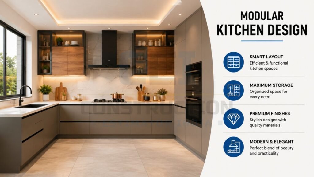 Modern modular kitchen design with L-shaped layout, matte grey cabinets, wood-finish overhead units, built-in appliances, under-cabinet lighting, and large window