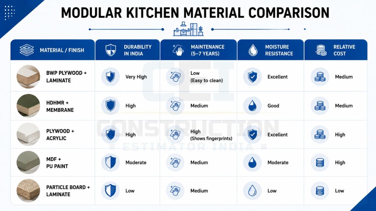 Modular kitchen material comparison showing BWP plywood, HDHMR, acrylic plywood, MDF with PU paint, and particle board finishes based on durability, maintenance, moisture resistance, and cost