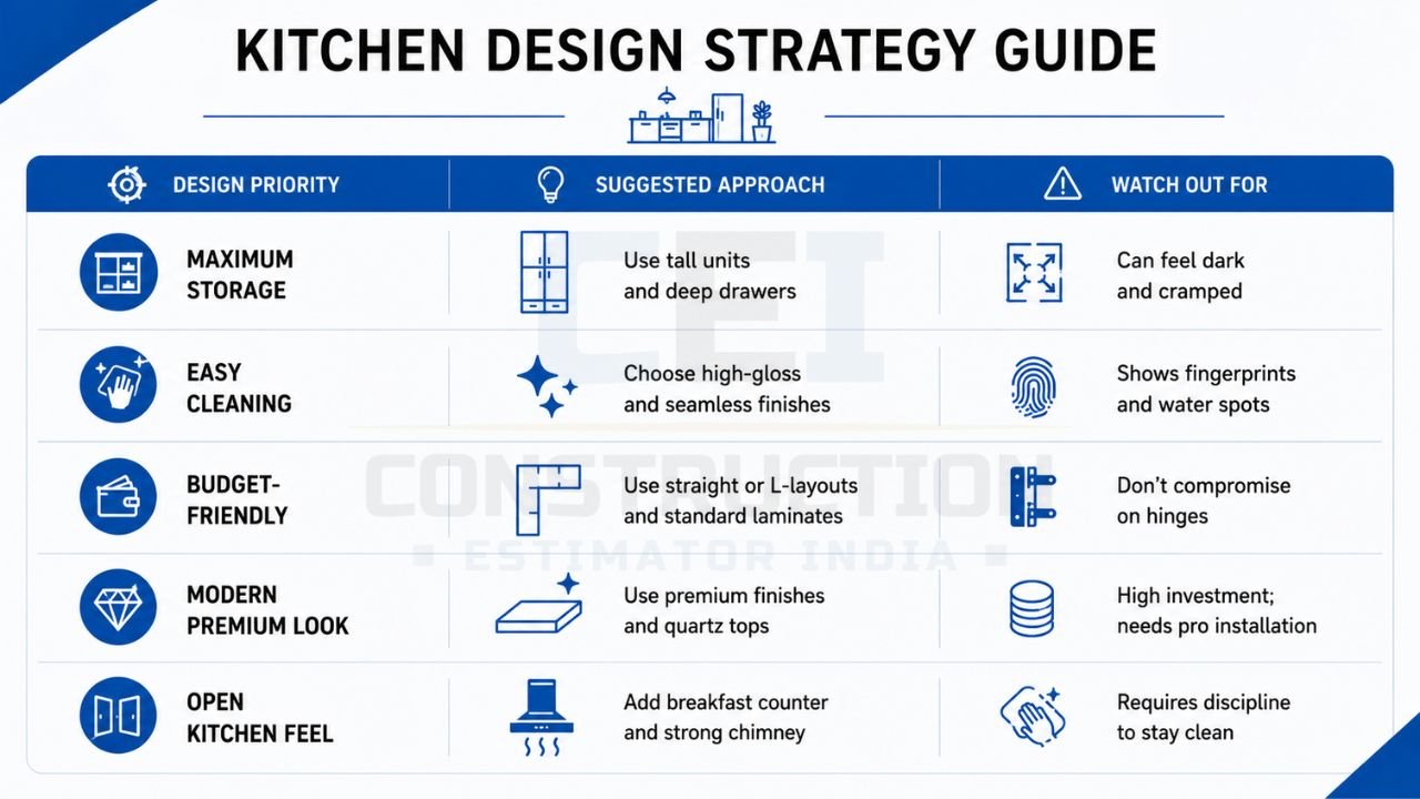 Kitchen design strategy guide comparing storage, easy cleaning, budget-friendly, premium, and open kitchen design solutions