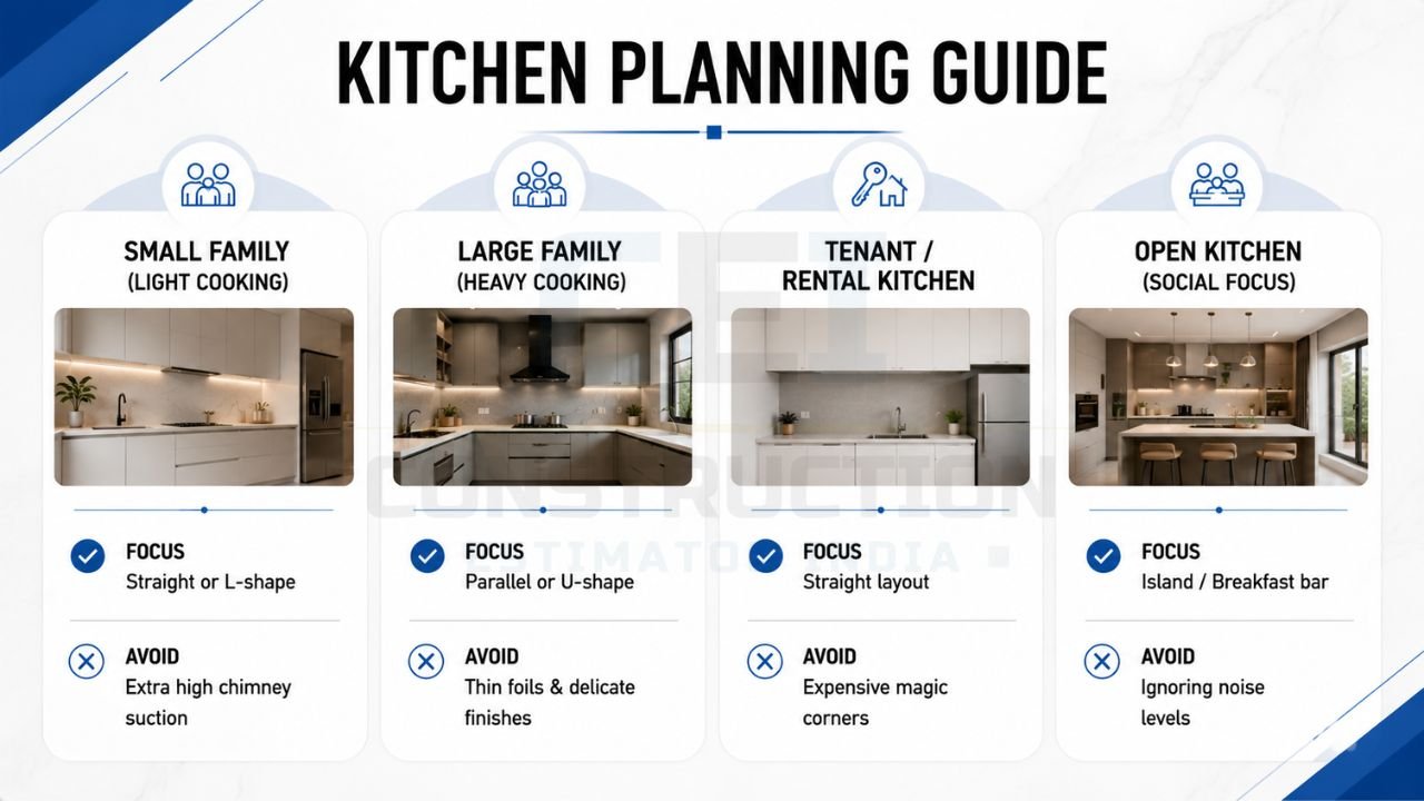Kitchen planning guide comparing layouts for small families, large families, rental homes, and open kitchens with recommended design focus