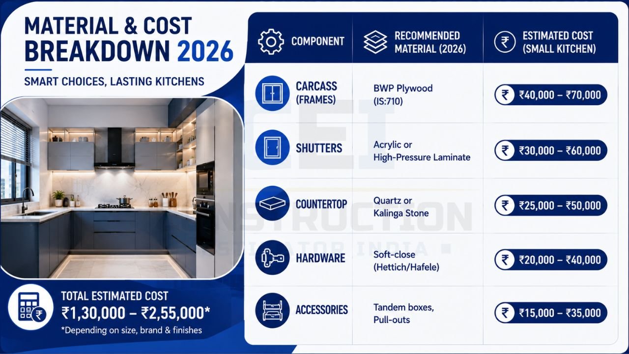Infographic showing modular kitchen cost breakdown with carcass, shutters, countertops, hardware, accessories, and total estimated kitchen cost.