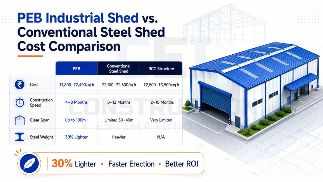 Comparison infographic showing PEB industrial shed vs conventional steel shed vs RCC structure with cost per sq ft, construction time, clear span, and steel weight comparison.
