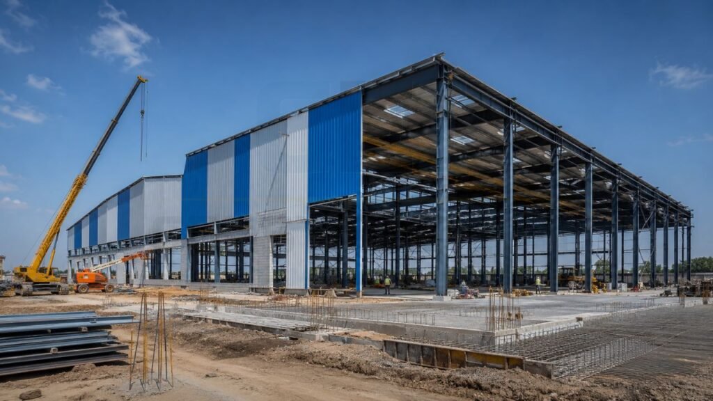 Pre-engineered building (PEB) steel shed under construction showing structural steel framing, roofing panels, and industrial warehouse construction in India.
