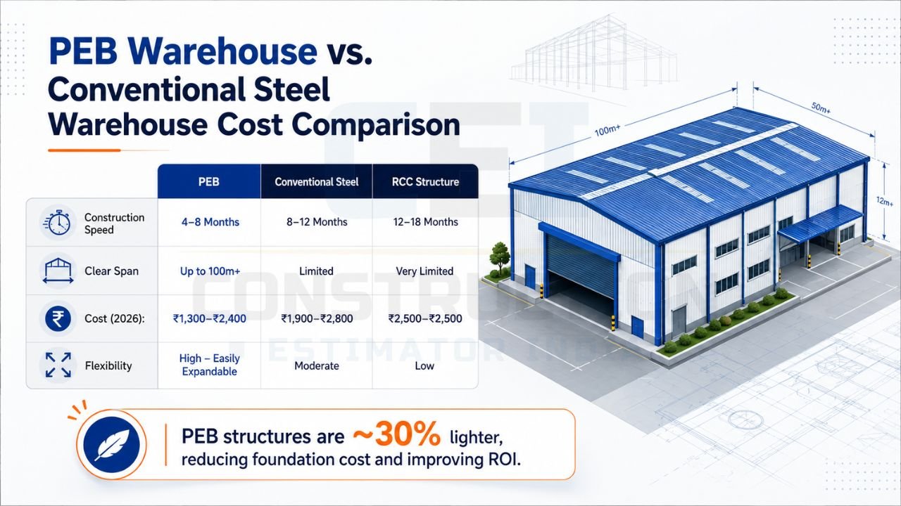 Infographic comparing PEB warehouse, conventional steel warehouse, and RCC warehouse construction costs, build time, clear span, flexibility, and structural performance.