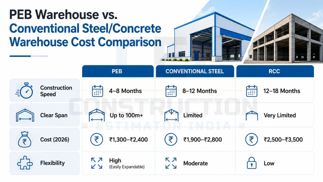Comparison chart showing PEB warehouse, conventional steel warehouse, and RCC warehouse based on construction speed, cost, clear span, and flexibility.