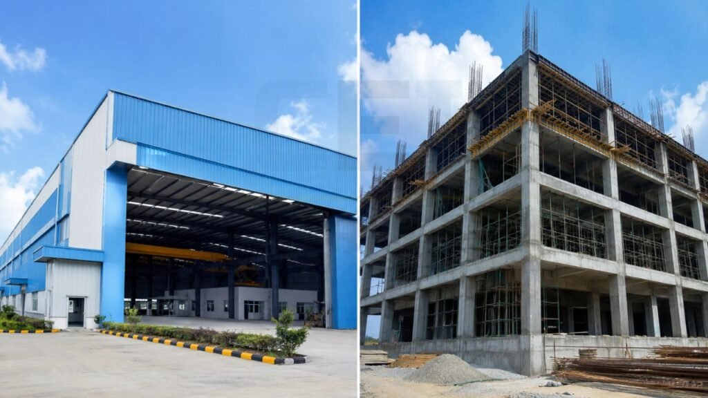 Side-by-side comparison of a PEB industrial building and an RCC multi-storey construction showing differences in construction methods and structural systems.