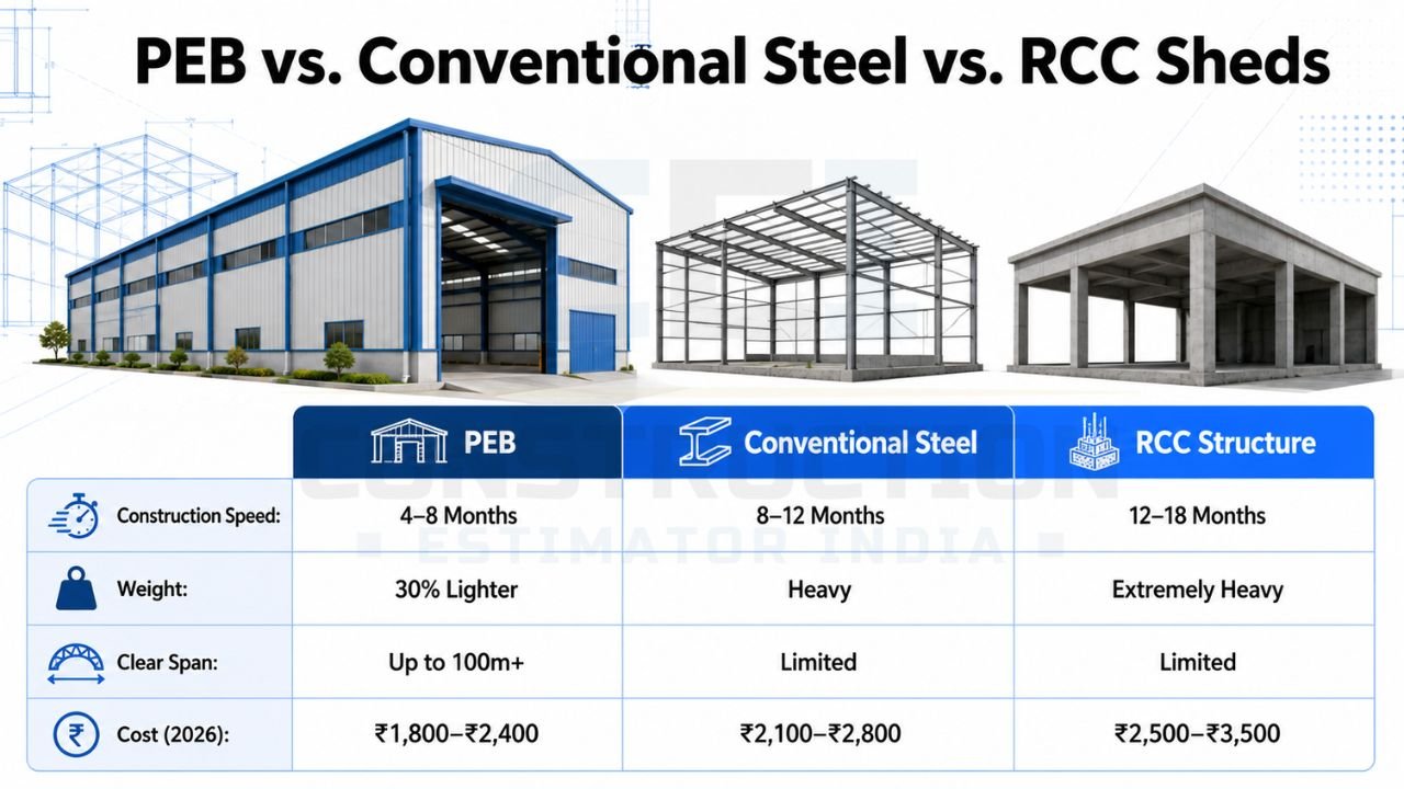 Comparison infographic of PEB, conventional steel, and RCC sheds showing construction speed, weight, clear span, and cost per square foot for industrial buildings.