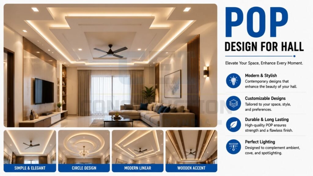 POP design for hall featuring modern false ceiling with LED cove lighting, layered ceiling, wooden accents, ceiling fan, and stylish living room interior