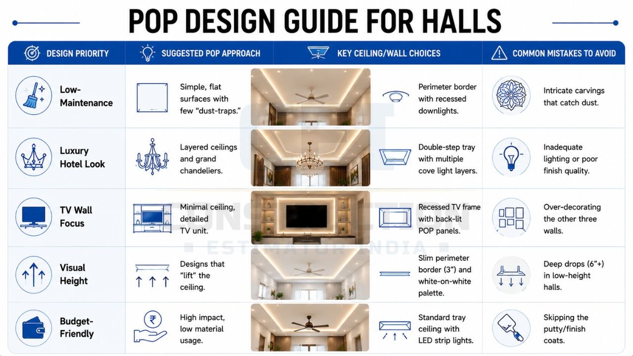 POP design guide for hall featuring low-maintenance, luxury, TV wall, visual height, and budget-friendly false ceiling ideas with LED lighting