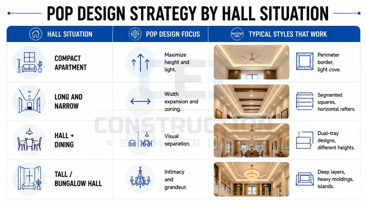 POP design strategy for hall by room type featuring compact apartment, long hall, hall with dining, and bungalow hall false ceiling ideas