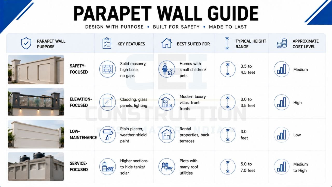 Parapet wall guide comparing safety-focused, elevation-focused, low-maintenance, and service-focused parapet wall designs with height, features, and cost
