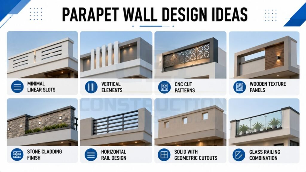 Parapet wall design ideas featuring minimalist slots, vertical elements, CNC-cut panels, wooden texture, stone cladding, horizontal rails, geometric cutouts, and glass railing combinations